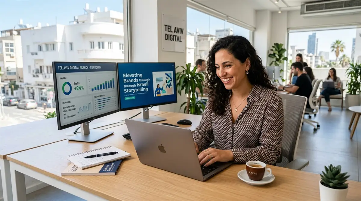 אסטרטגית תוכן וקופירייטרית מקצועית עובדת במשרד דיגיטל מודרני מול מסכי קידום אתרים